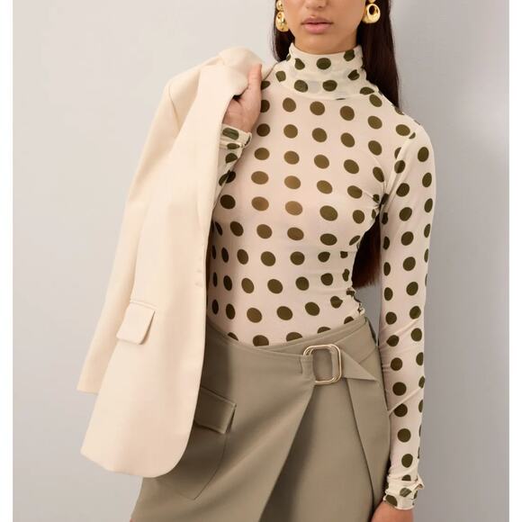 AFRM Polkadot Mesh Top Small Sheer Bodycon Long Sleeve Mockneck Thumbholes Olive - Picture 1 of 11
